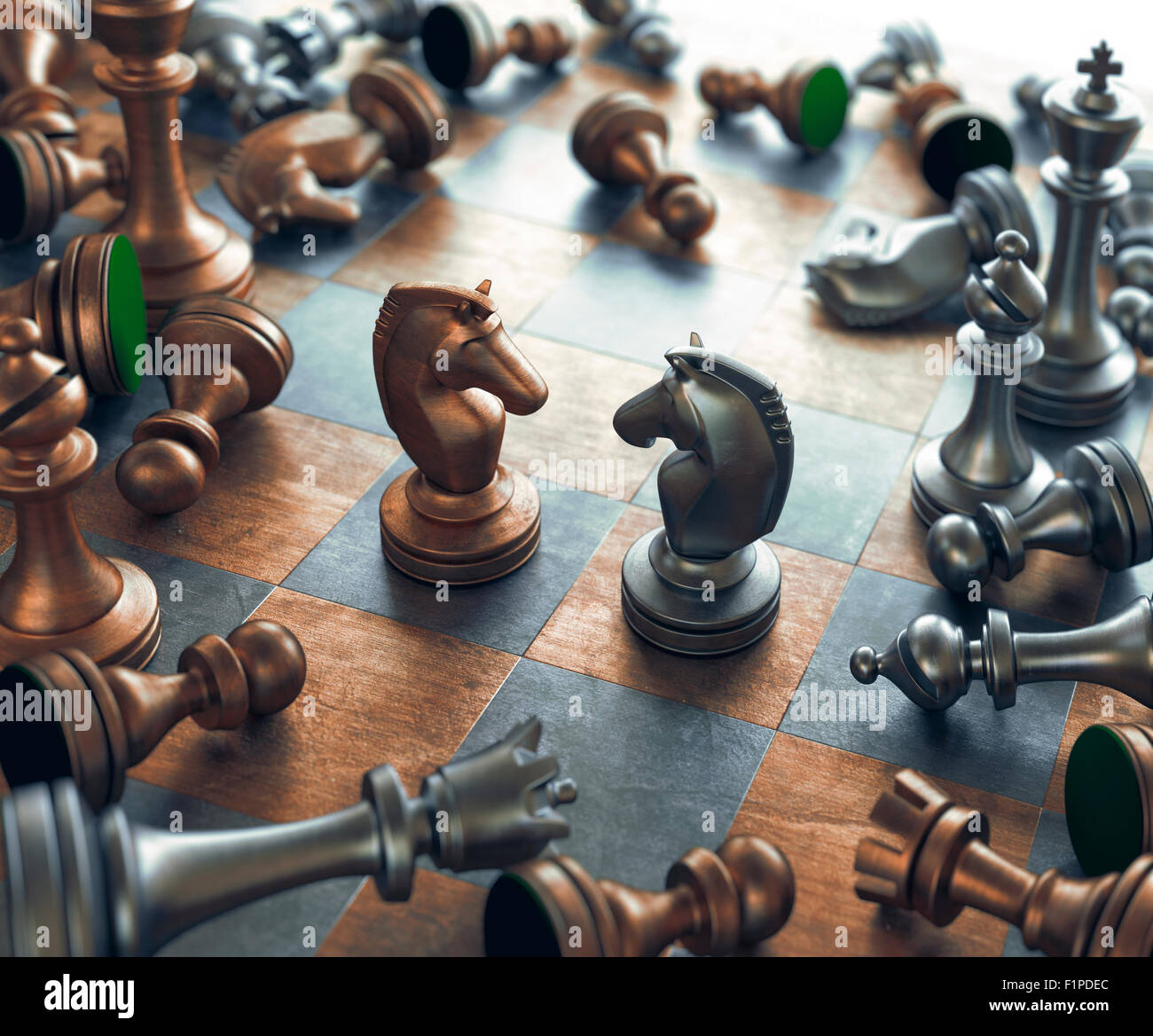 I pezzi su una scacchiera, illustrazione del computer. Foto Stock
