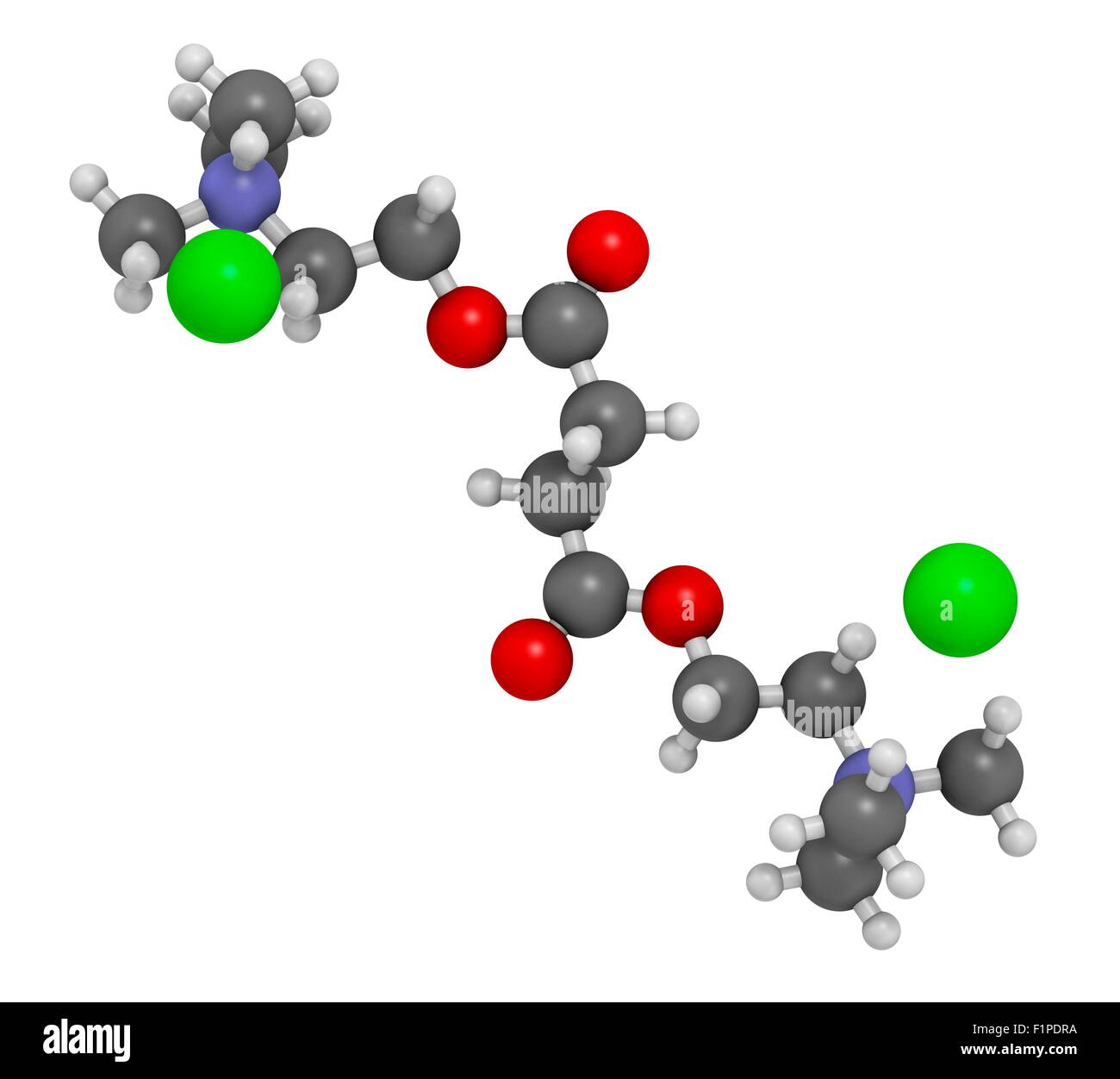 Suxamethonium cloruro (succinilcolina) miorilassante molecola di farmaco atomi sono rappresentati come sfere con convenzionali Foto Stock