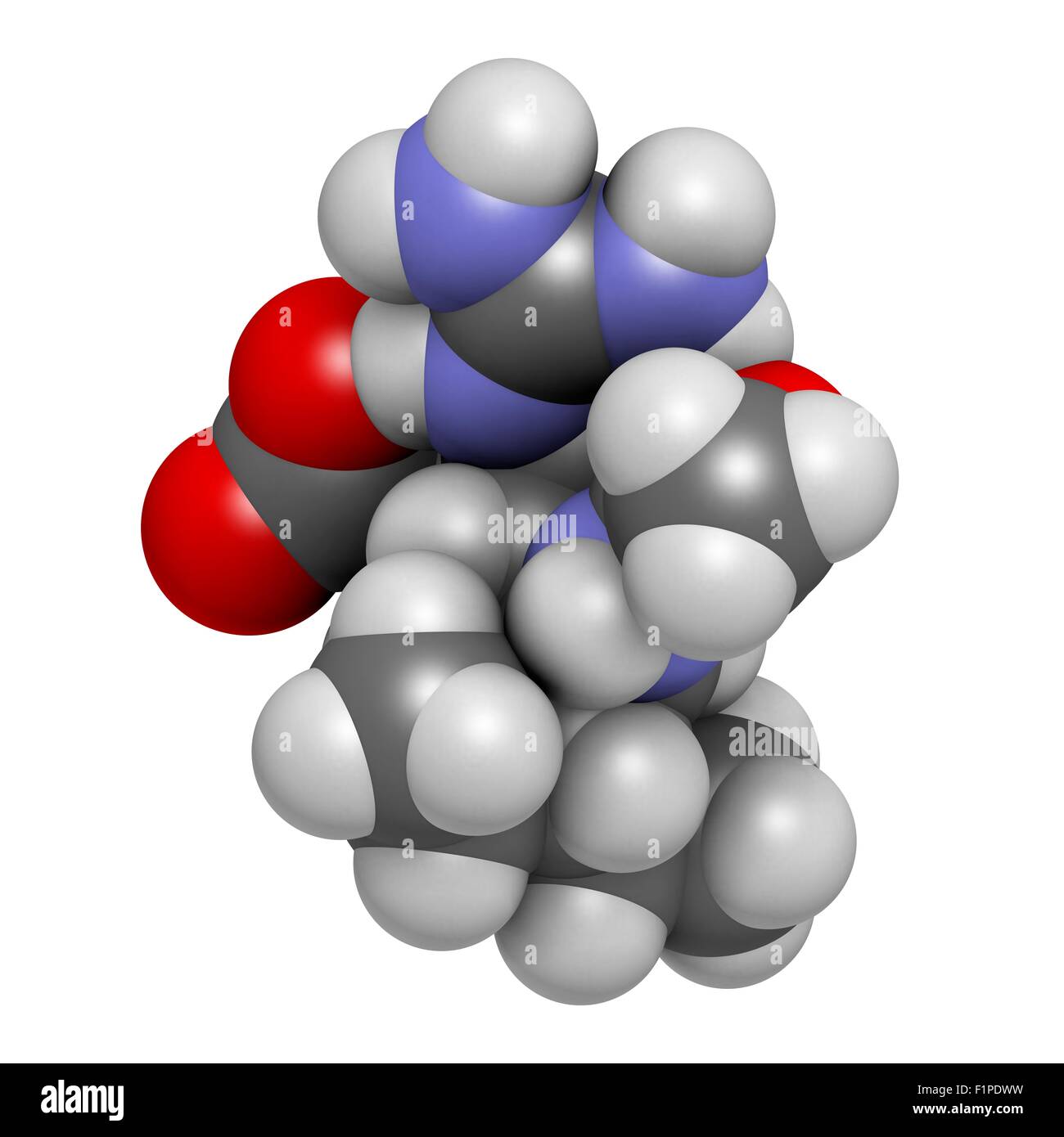 Peramivir aviaria molecola di farmaco (inibitore della neuraminidasi) atomi sono rappresentati come sfere con i tradizionali colori: Foto Stock