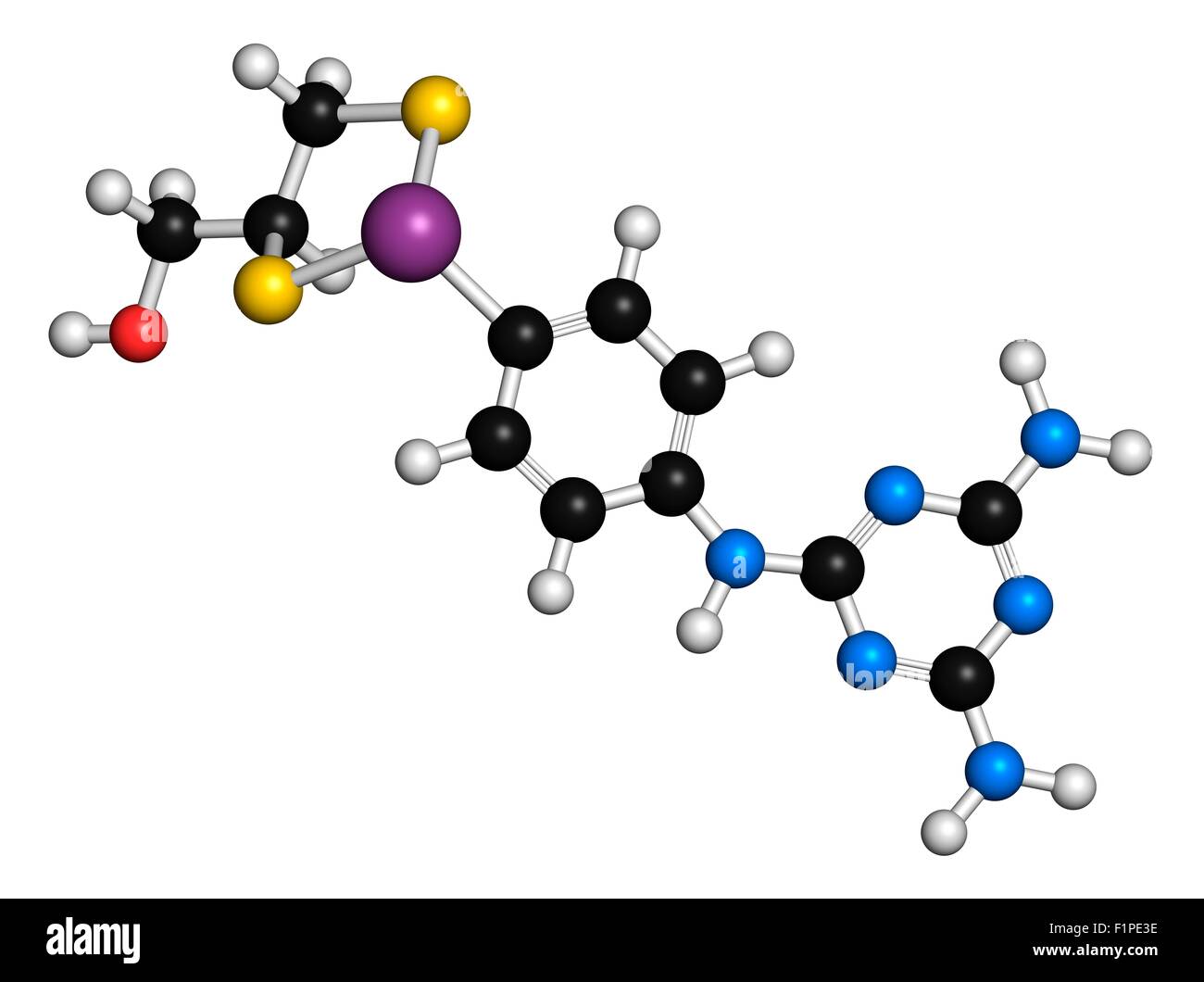 Melarsoprol tripanosomiasi molecola di farmaco atomi sono rappresentati come sfere con i tradizionali colori: idrogeno (bianco) Foto Stock