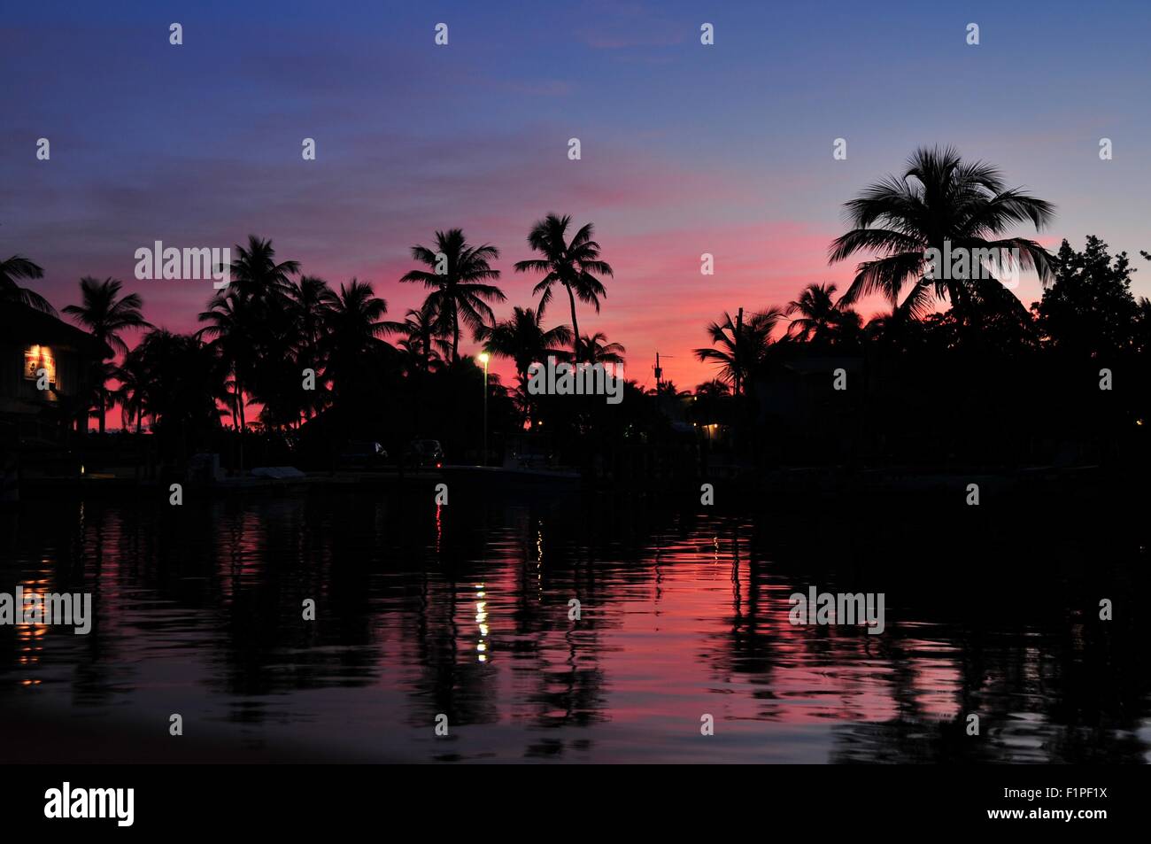 Isola esotica nel tramonto. Le palme e i suoni di oceano. Foto Stock