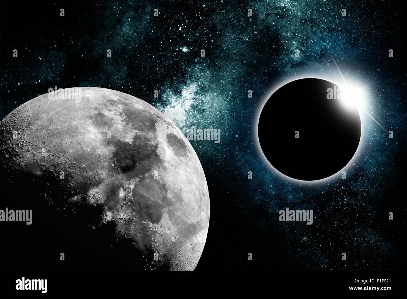 Abstract Star Eclipse con la luna come pianeta sulla sinistra. Spazio astratto del tema. Stella orizzontale Design di Eclipse. Foto Stock