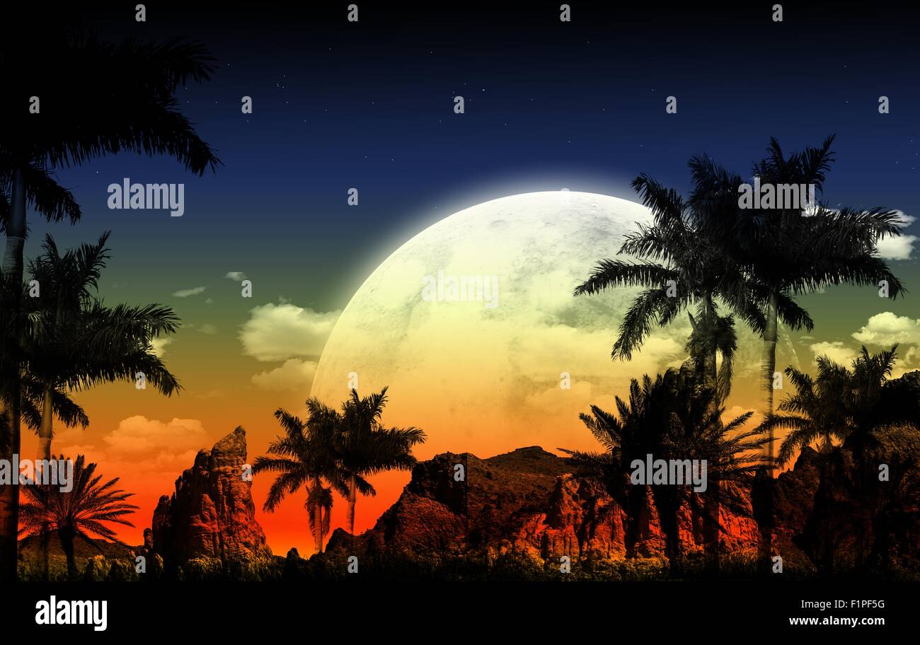 Notte africana illustrazione con enorme luna piena, Palm forme e alcuni Rocks-Mountains. Questo è illustrazione astratta. Foto Stock