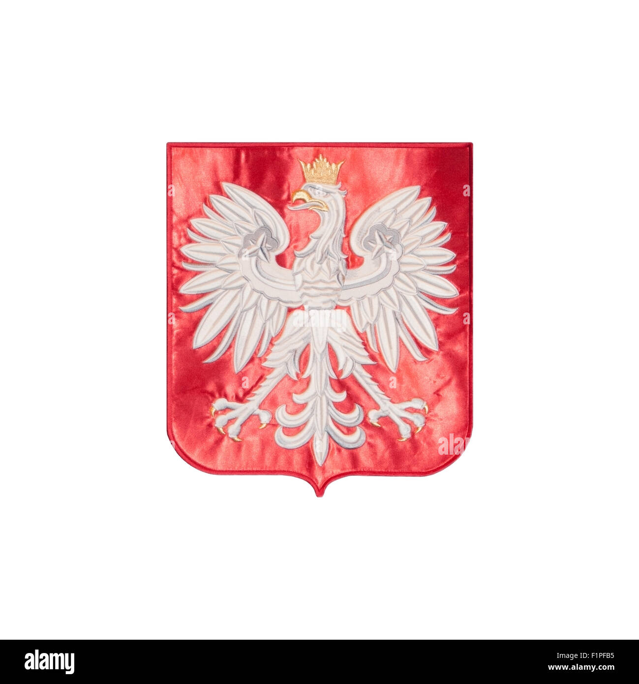 Emblema polacco, Eagle con una corona gialla, ricamati su un velluto rosso tessuto, Polska, Polacco, Europeo, UE Foto Stock