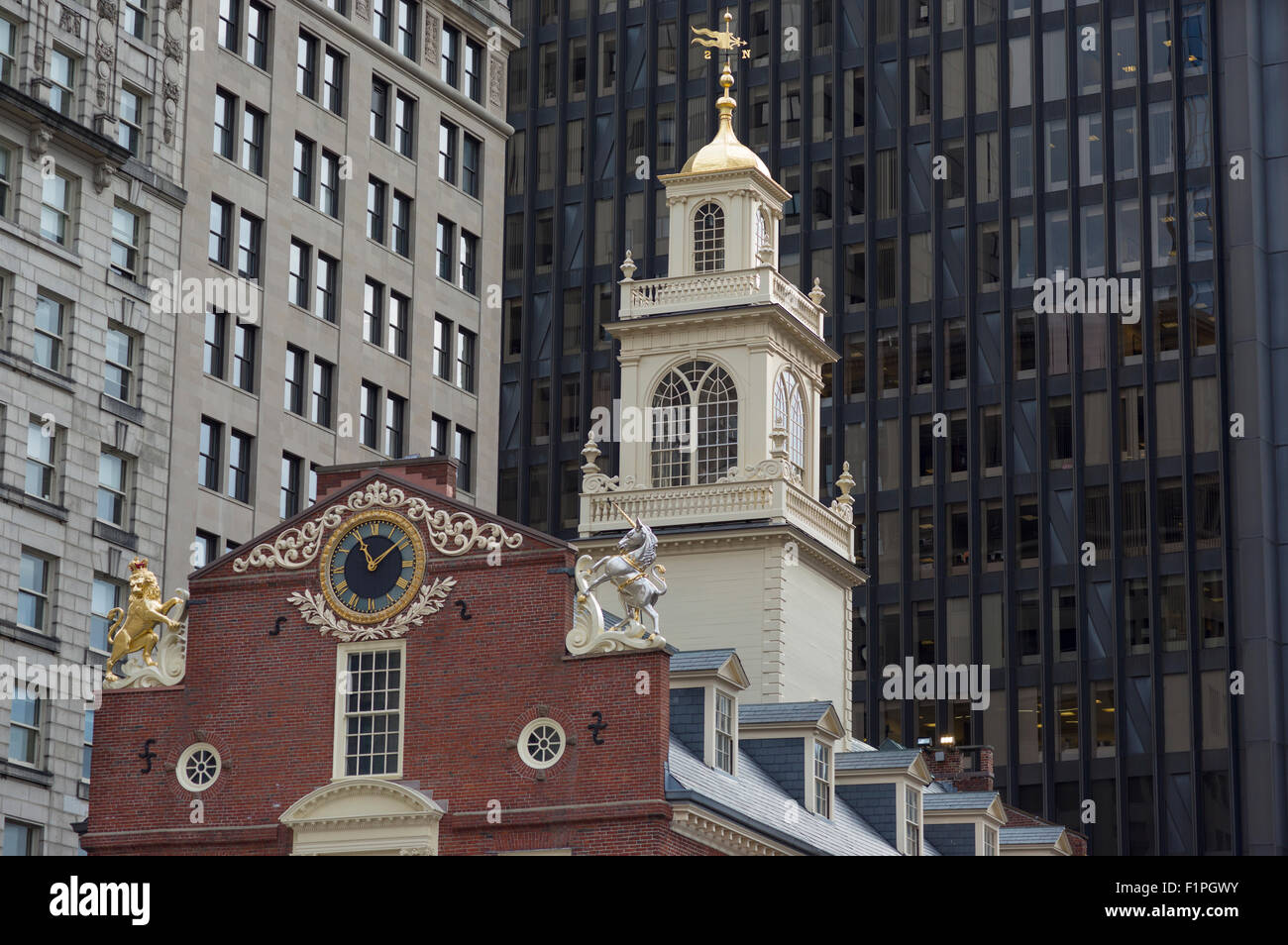 Vecchia casa di stato membro STREET Freedom Trail Financial District Boston Massachusetts, STATI UNITI D'AMERICA Foto Stock