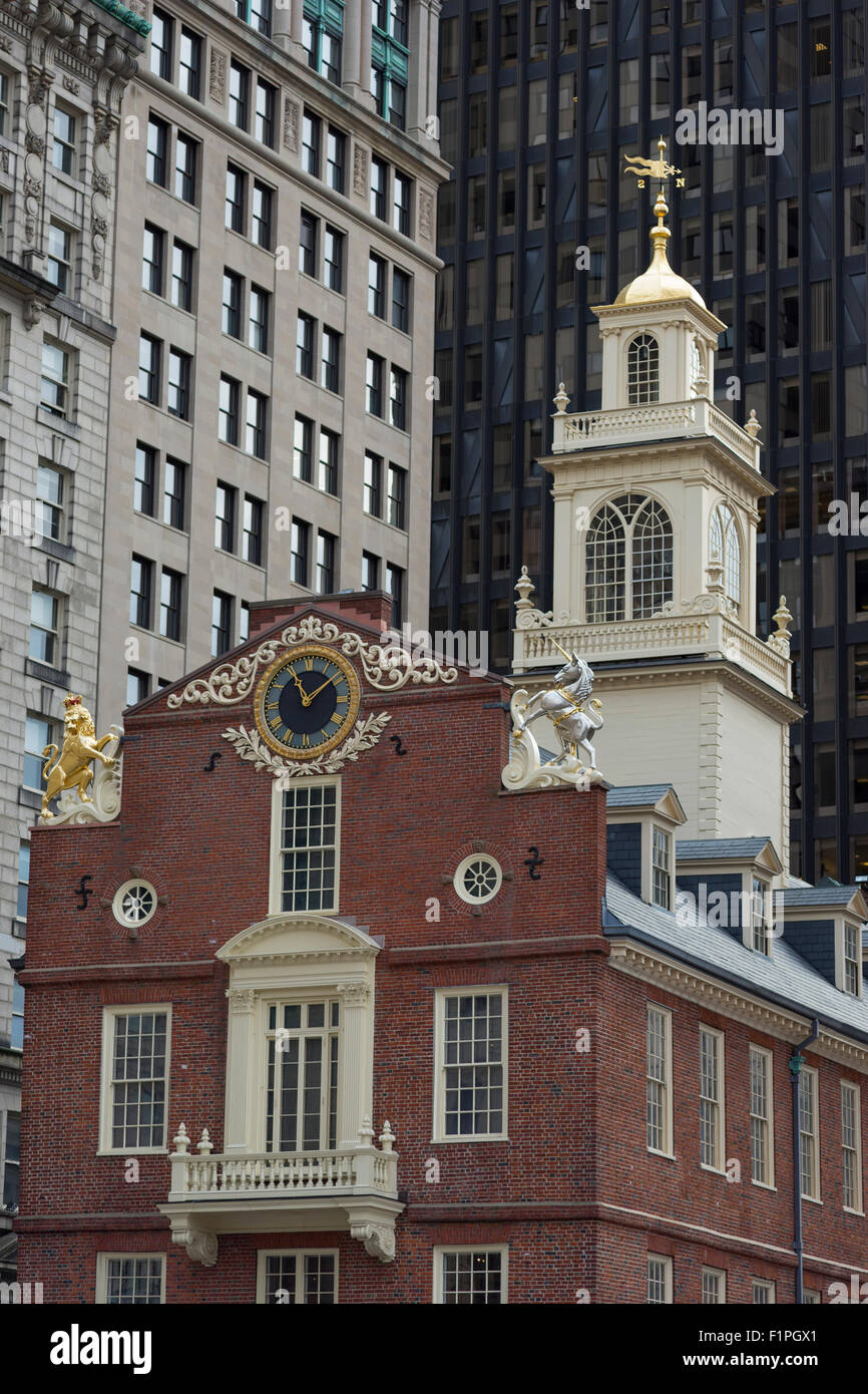 Vecchia casa di stato membro STREET Freedom Trail Financial District Boston Massachusetts, STATI UNITI D'AMERICA Foto Stock