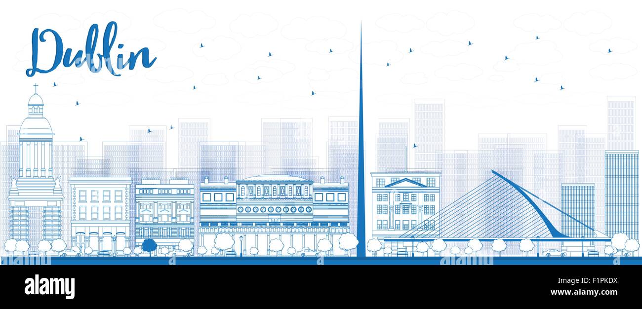 Profilo dello Skyline di Dublino con edifici blu, Irlanda. Illustrazione Vettoriale Illustrazione Vettoriale
