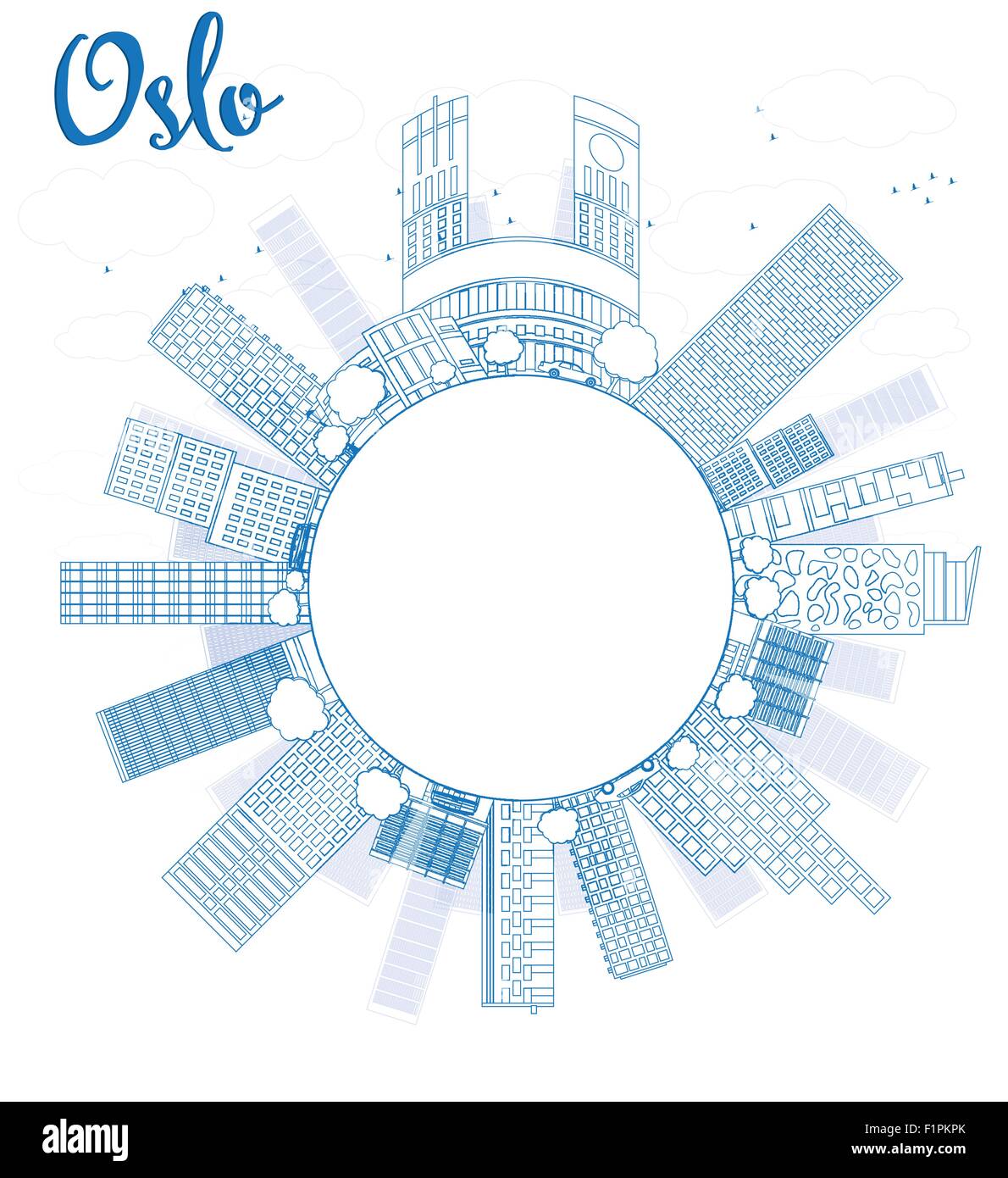 Profilo dello Skyline di Oslo con edificio blu e copia di spazio. Illustrazione Vettoriale Illustrazione Vettoriale