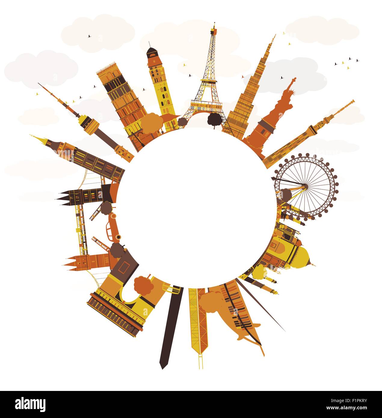 Concetto di viaggio intorno al mondo. Celebri punti di riferimento internazionale. Illustrazione Vettoriale Illustrazione Vettoriale