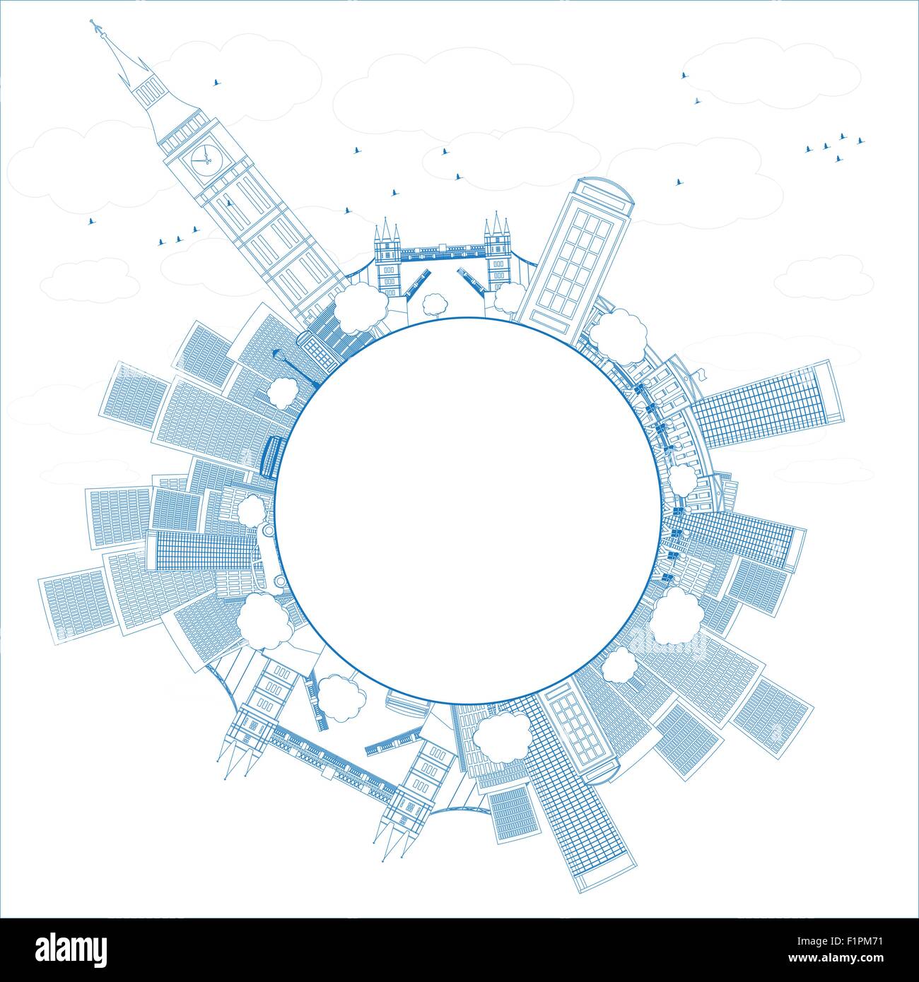 Delineare il panorama di Londra con il Big Ben e grattacieli illustrazione vettoriale con posto per il testo Illustrazione Vettoriale