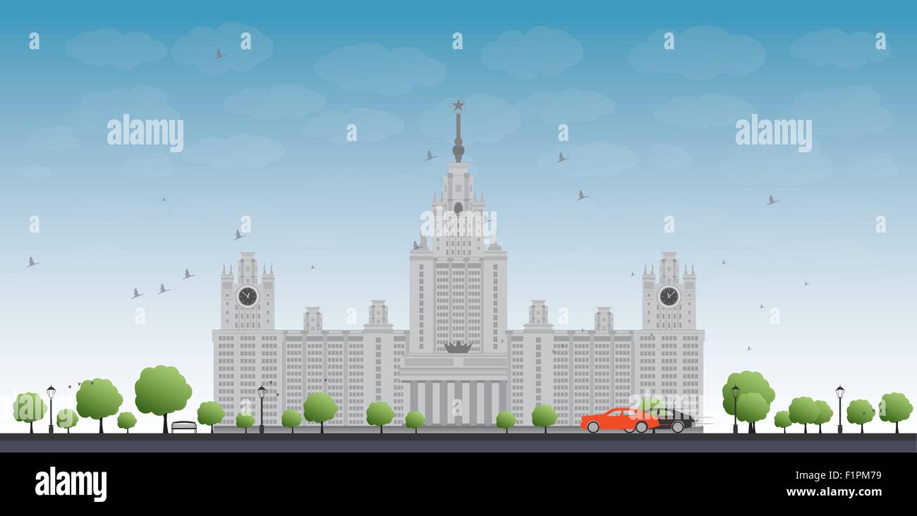 MGU. Università Statale di Mosca, Mosca, Russia. Illustrazione Vettoriale con vetture e cielo blu Illustrazione Vettoriale