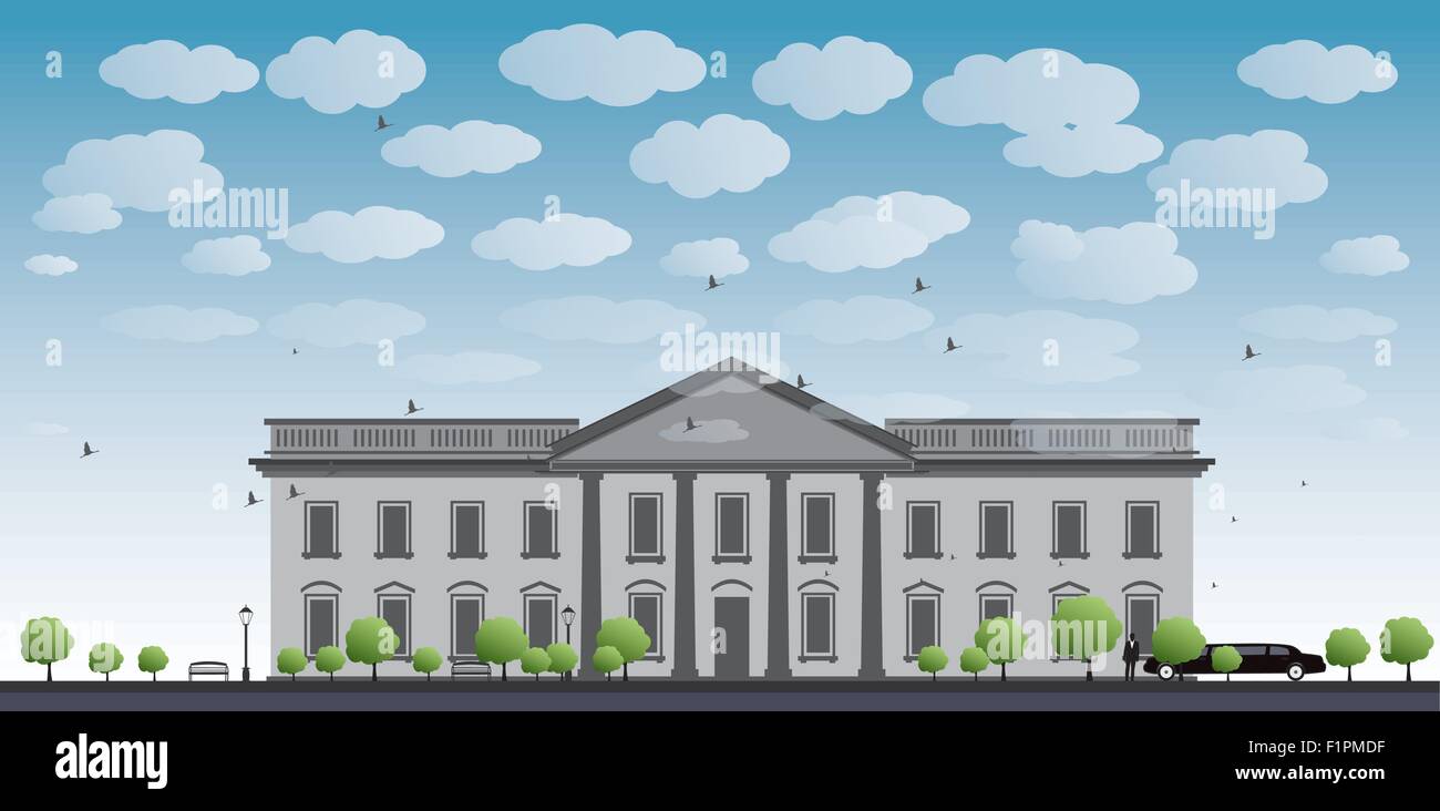 La casa bianca a Washington DC con silhouette nera di uomo e macchina illustrazione vettoriale Illustrazione Vettoriale