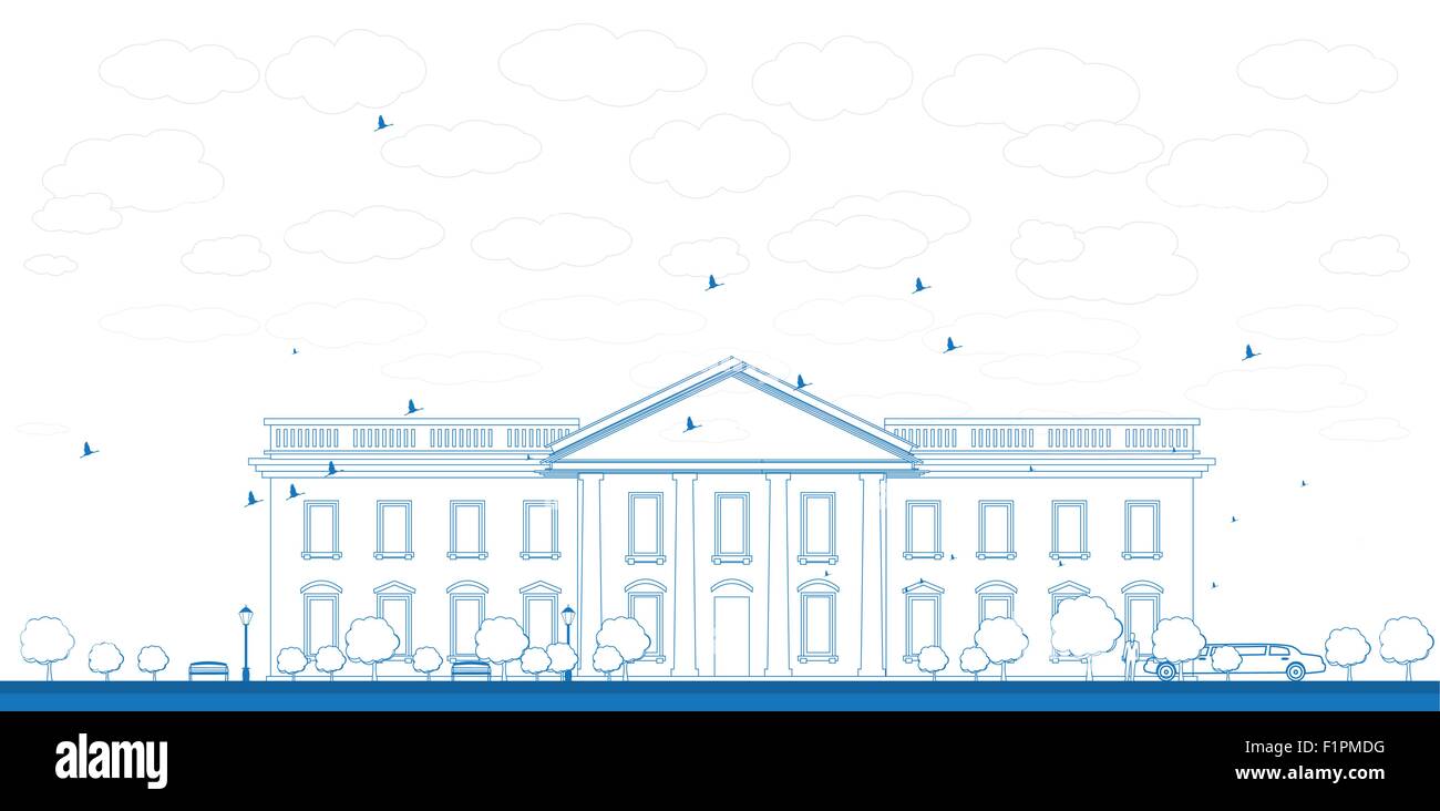 Delineare la Casa Bianca a Washington DC con Silhouette di uomo e macchina illustrazione vettoriale Illustrazione Vettoriale