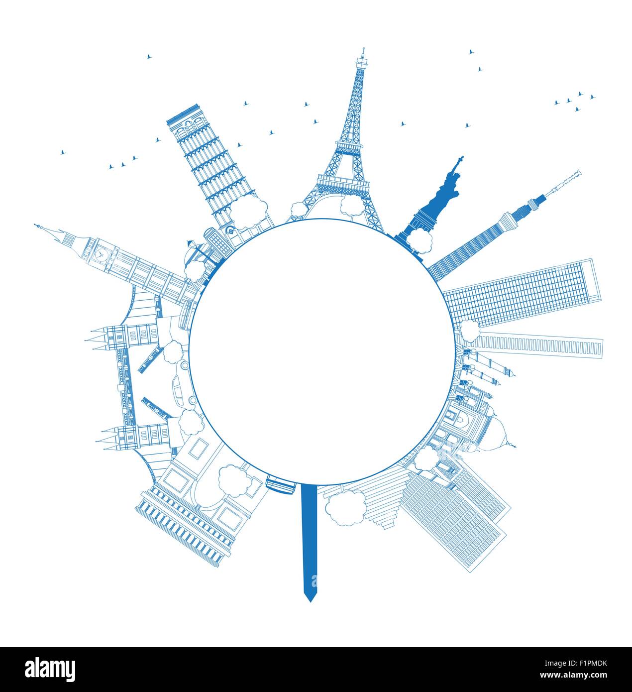 Delineare i celebri monumenti e luoghi di interesse in tutto il mondo. Illustrazione Vettoriale con spazio di copia Illustrazione Vettoriale