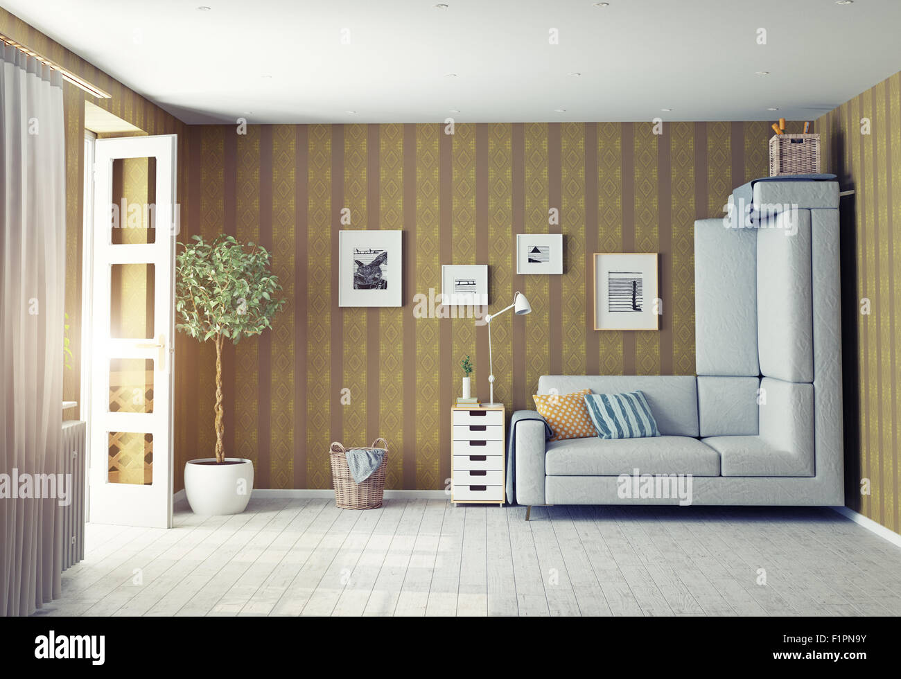 Strano living room interior. 3d design concept Foto Stock