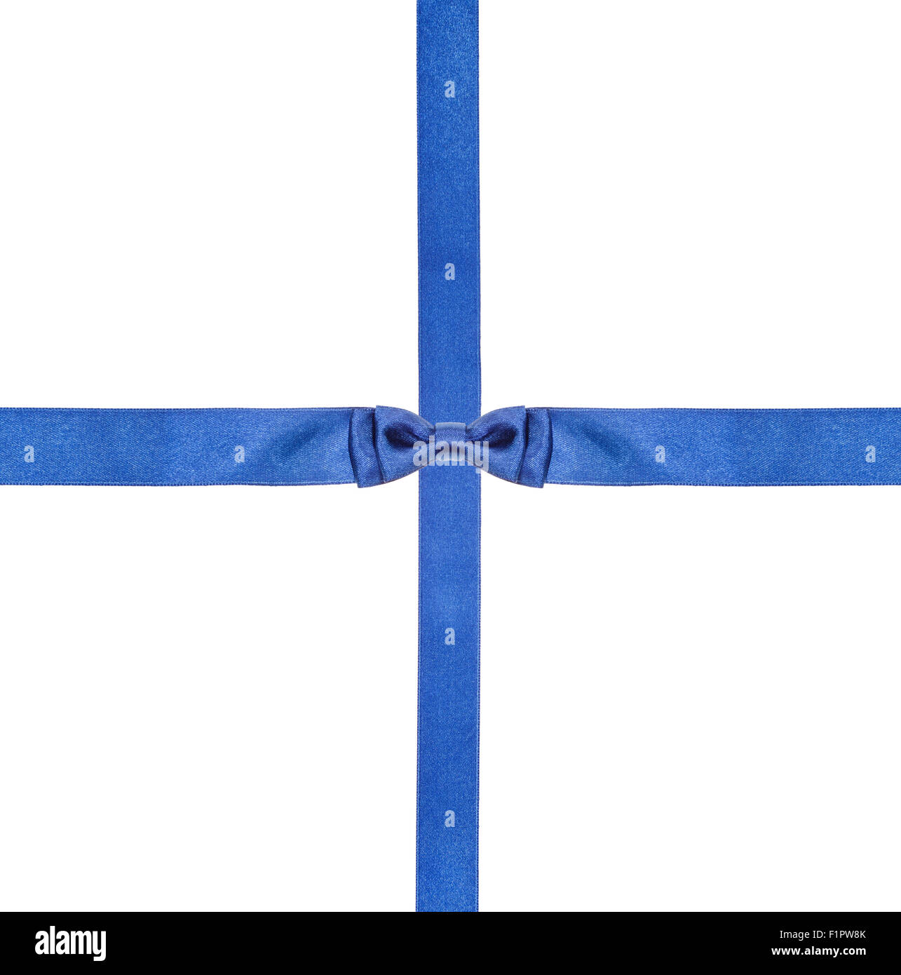 Uno blu satin knot in centro e due nastri di intersezione isolata piazza su sfondo bianco Foto Stock