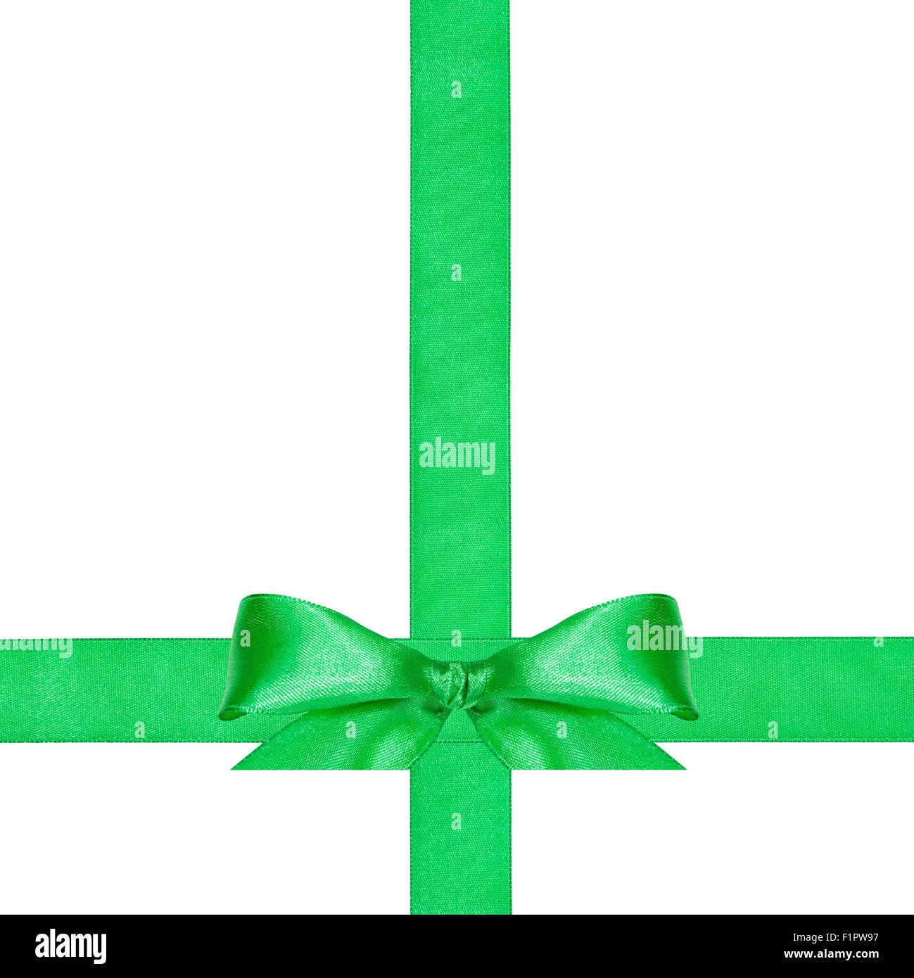 Un grande arco verde sul nodo di attraversamento di due nastri di raso isolati su sfondo bianco Foto Stock