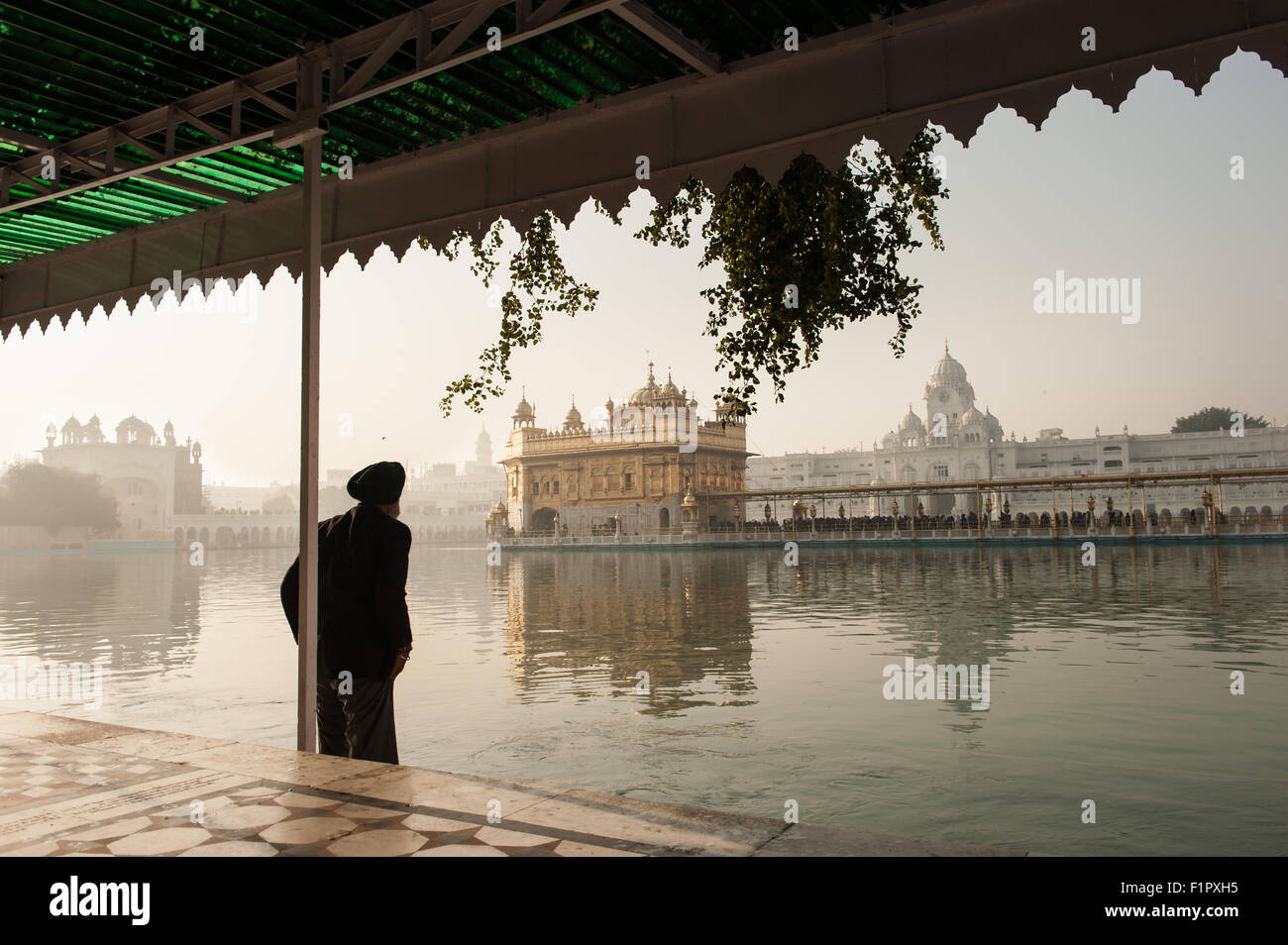 Amritsar Punjab, India. Il Tempio d'Oro - Harmandir Sahib - all'alba con un vecchio di balneazione Sikh i suoi piedi nelle acque sante. Foto Stock