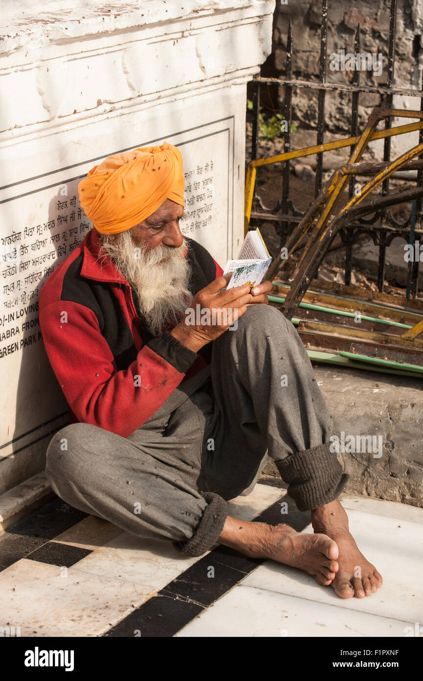 Amritsar Punjab, India. Il Tempio d'Oro - Harmandir Sahib - con un vecchio barbuto grigio uomo Sikh in un turban arancione seduto sul pavimento di lettura da un libro sacro, a piedi nudi. Foto Stock