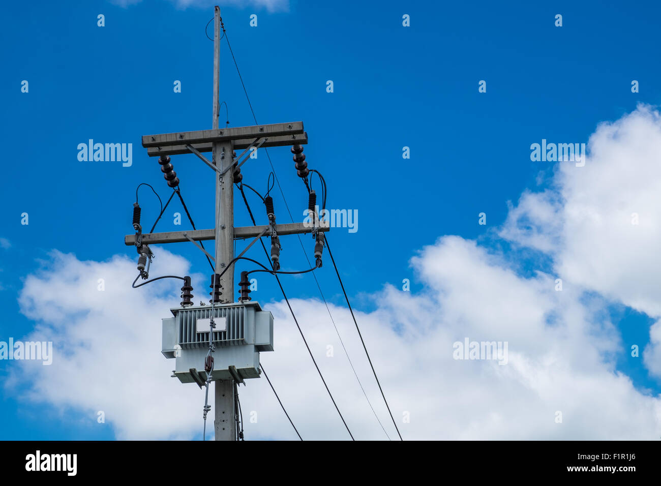 Post di elettricità e di telefono con linea blu cielo Foto Stock
