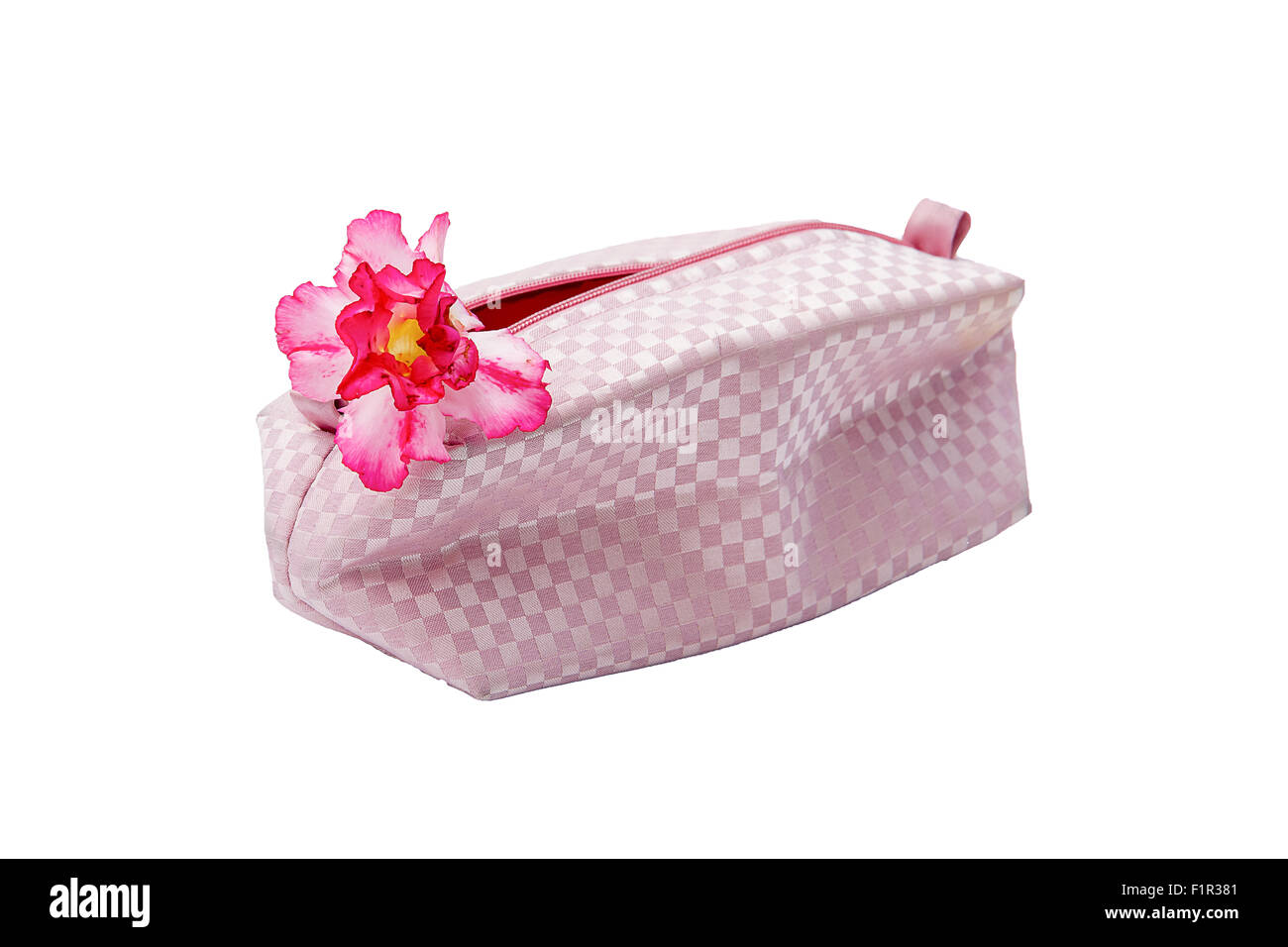 Borsa di moda e fiori di colore rosa isolato su sfondo bianco Foto Stock