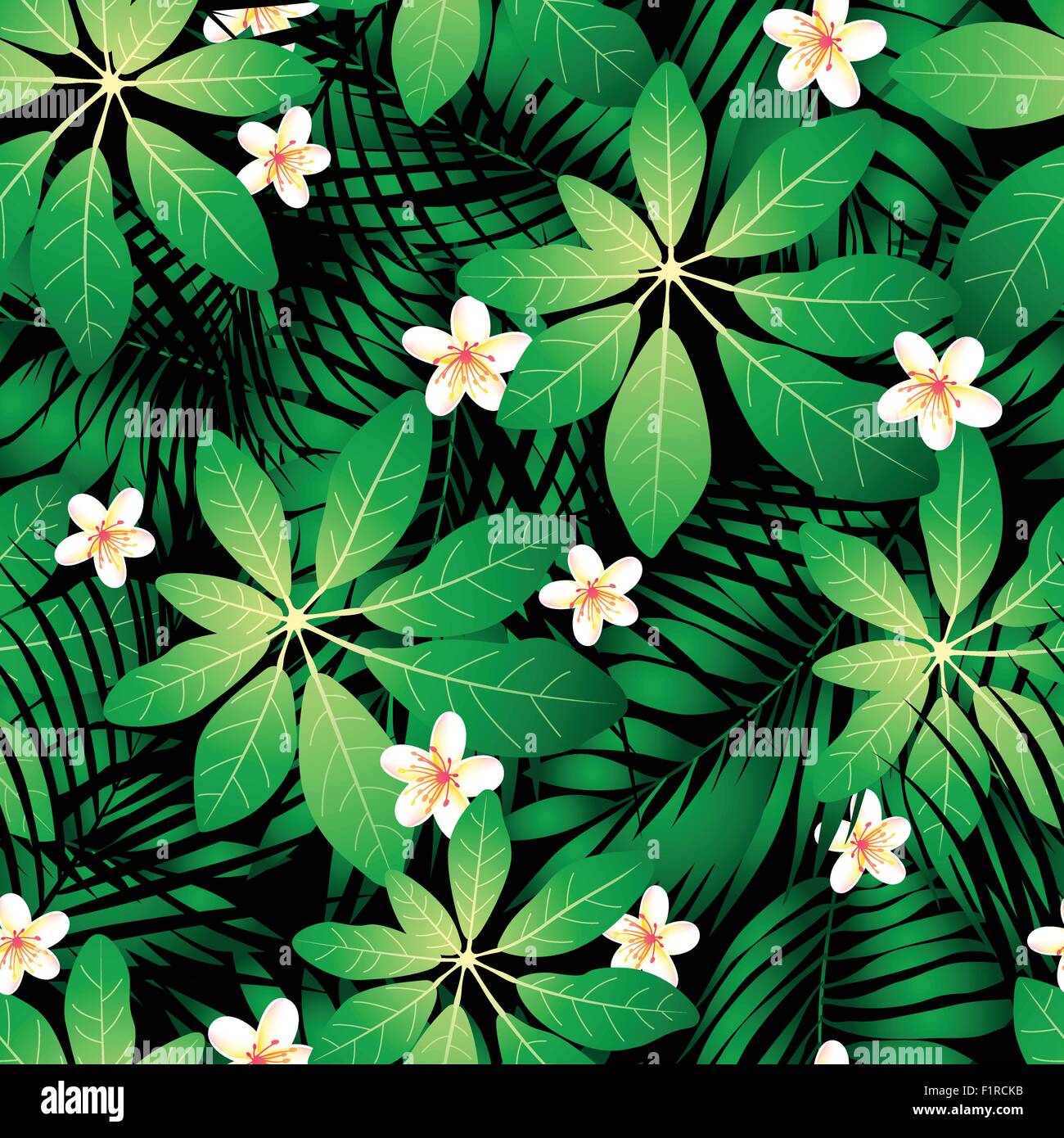 Tropical frangipani seamless pattern con foglie di palma. Illustrazione Vettoriale