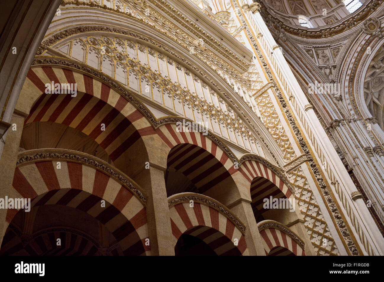 Il doppio di colore rosso e bianco archi della sala di preghiera alla ricerca fino all'altare maggiore cupola della cattedrale di Cordoba moschea Foto Stock