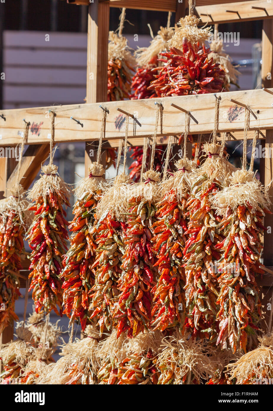 Gruppi di piccole colorate il peperoncino appeso su stringhe nel sole sono in vendita in un mercato aperto in Nuovo Messico. Foto Stock