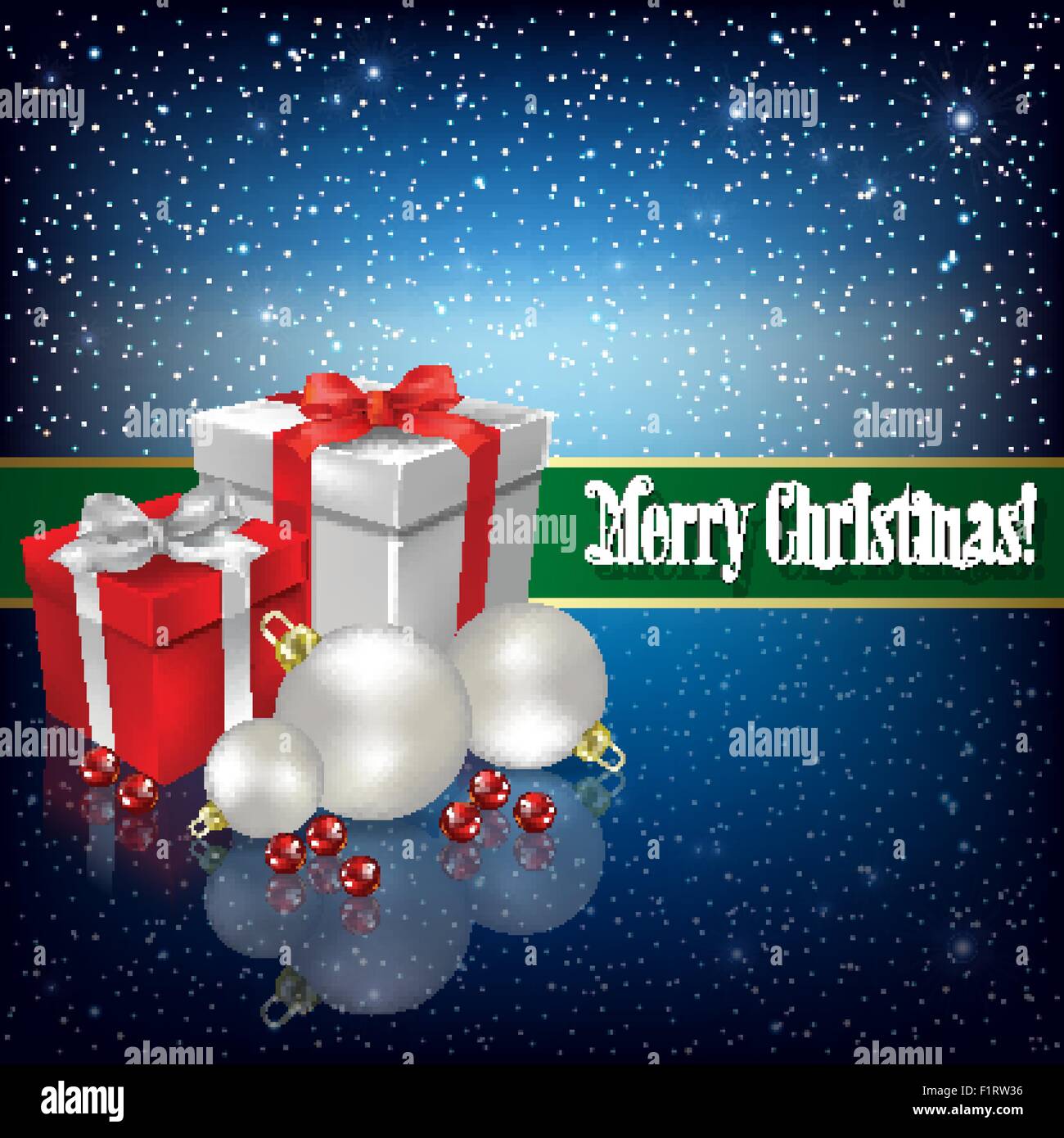 Celebrazione saluto con i regali di Natale e fiocchi di neve su sfondo blu Illustrazione Vettoriale