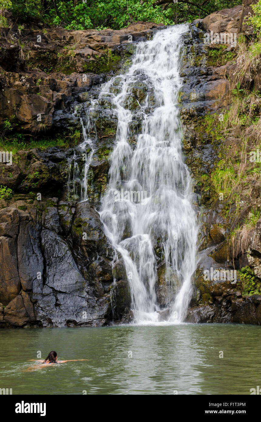 Il Waimea Falls, Waimea Valley Audubon Park, North Shore Oahu, Hawaii, Stati Uniti d'America, il Pacifico Foto Stock
