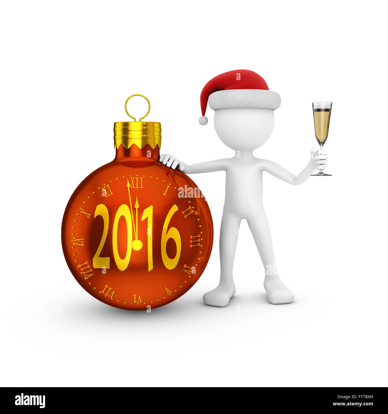 L'uomo nel cappello di Babbo Natale con un bicchiere di champagne vicino l'orologio a forma di sfera con l'iscrizione 2016. Foto Stock