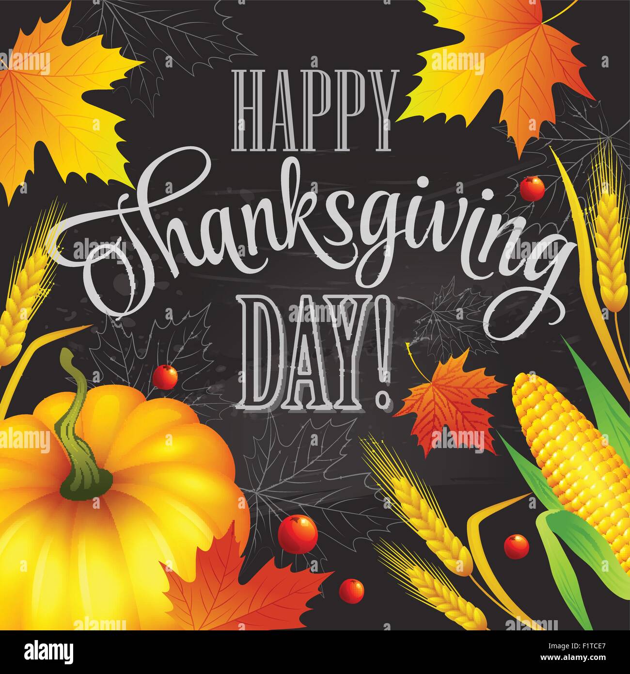 Disegnata a mano ringraziamento biglietto di auguri con foglie di zucca e spica. Illustrazione Vettoriale Illustrazione Vettoriale