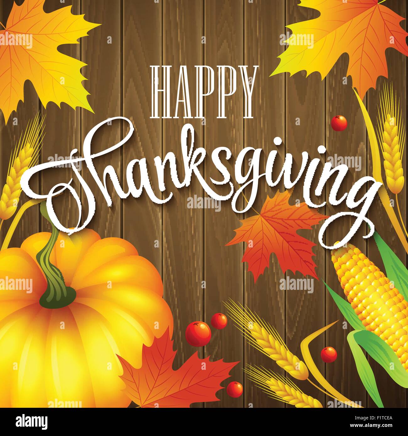 Disegnata a mano ringraziamento biglietto di auguri con foglie di zucca e spica su uno sfondo di legno. Illustrazione Vettoriale Illustrazione Vettoriale