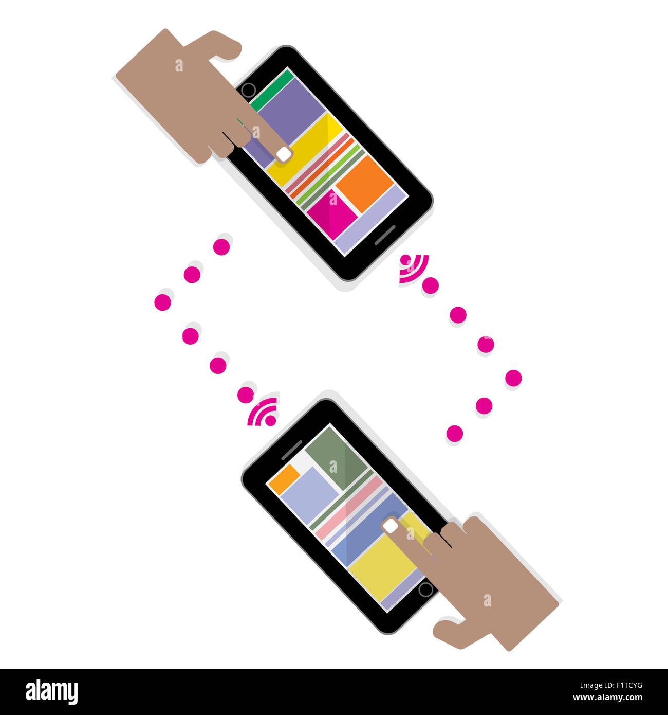 Mano toccando smart phone e tablet con l'icona del computer. Concetto di comunicazione in rete. Foto Stock