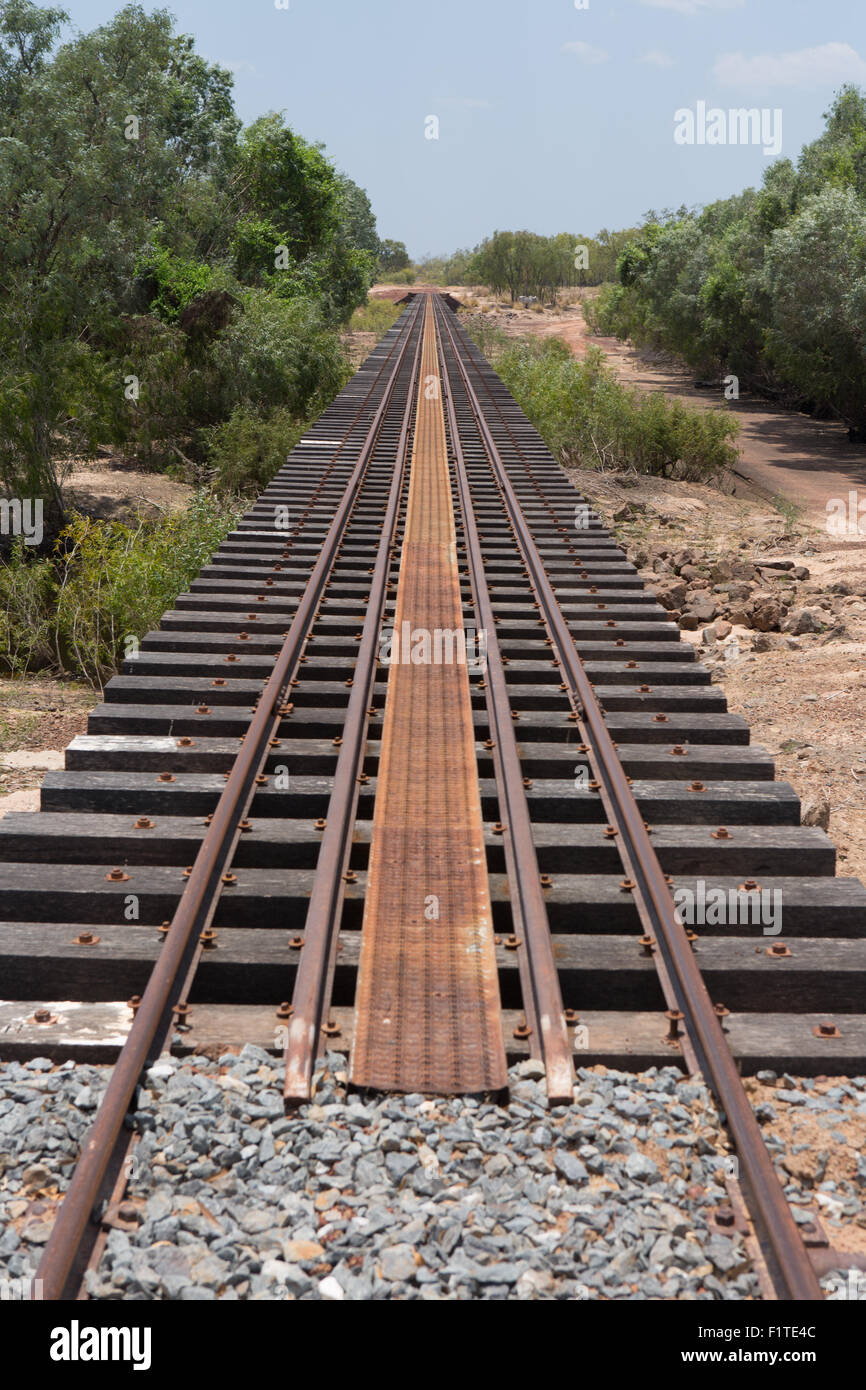 Binario ferroviario. Vista lungo la storica linea ferroviaria operante tra Croydon e Normanton, Queensland Australia Foto Stock