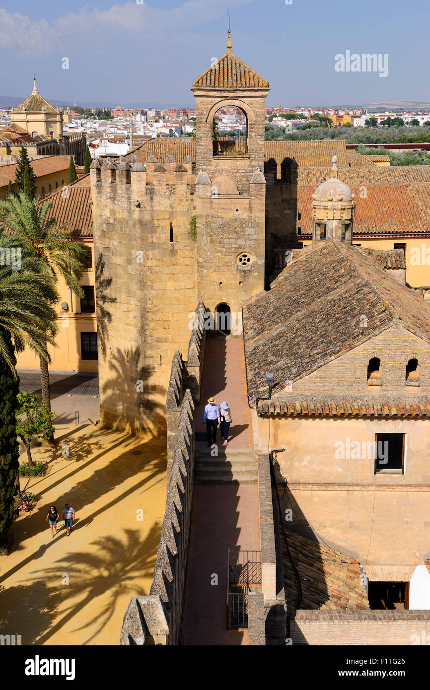 Vista in elevazione della torre dei Leoni a Alcazar de los Reyes Cristianos a Cordoba, Andalusia, Spagna Foto Stock