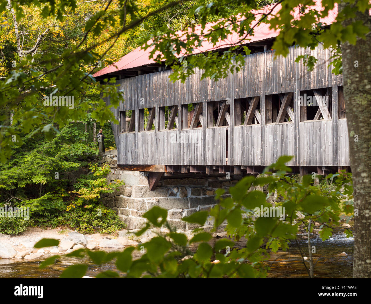 Il vecchio ponte coperto di boschi. White Mountain National Forest ponte costruito dalla città di Albany 1858, rinnovato 1970. Foto Stock