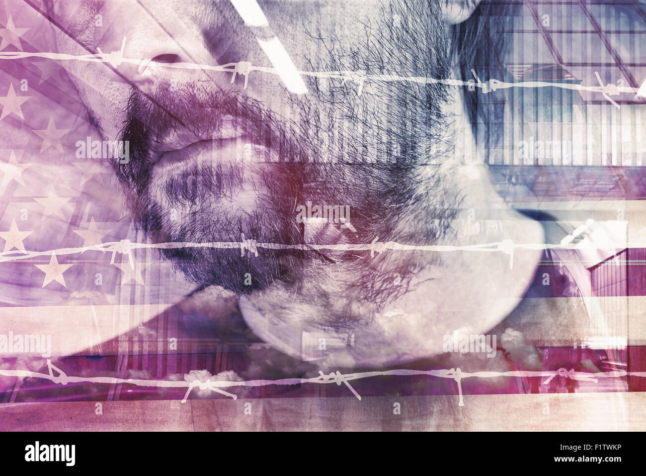 Concettuale di esposizione doppio ritratto di maschio adulto American dietro il filo spinato, usa la Cittadinanza e Immigrazione e visa concetto. Foto Stock