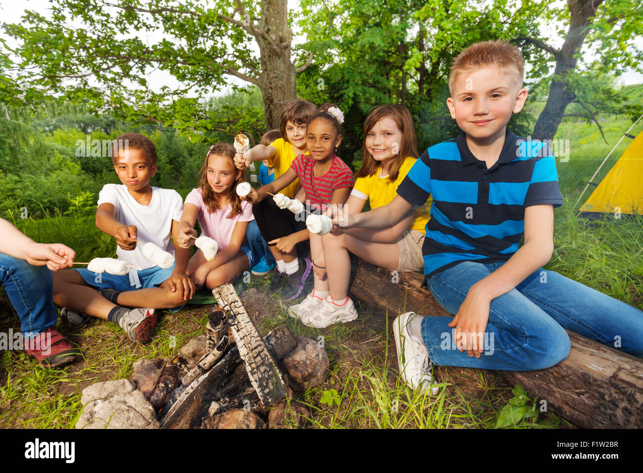 Un gruppo di bambini seduti vicino al falò con marshmallow Foto Stock