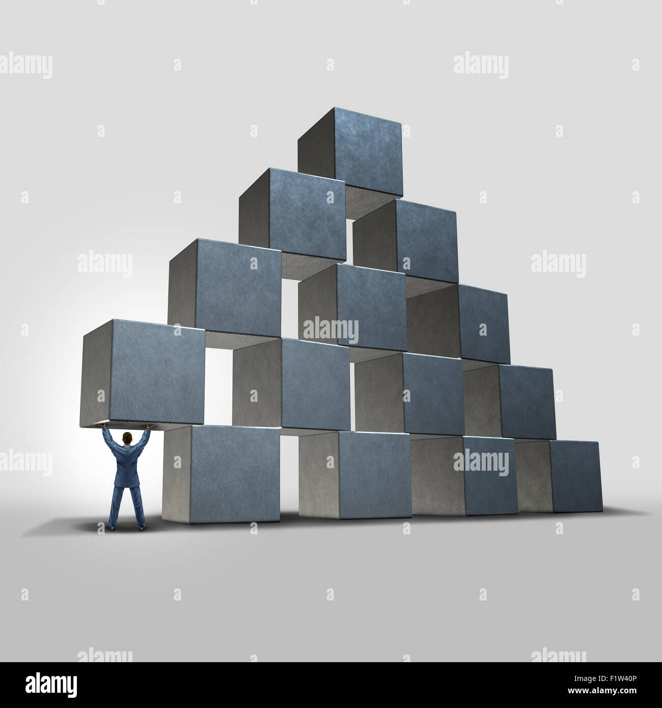 Business consentono di concetto come imprenditore tenendo premuto fino e fornendo importanti urgente la consulenza e il supporto per un'organizzazione rappresentata da un gruppo di blocchi come un successo e leadership metafora. Foto Stock