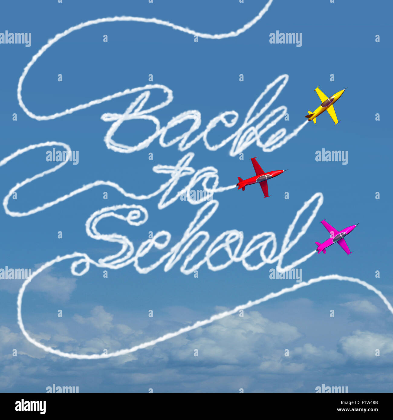 Torna alla festa della scuola simbolo e prendere il volo nozione come un gruppo di aerei creando un sentiero di fumo a forma di testo per ritornare a istruzione e apprendimento. Foto Stock