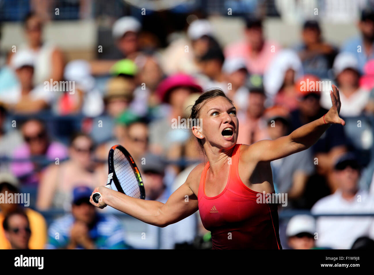 New York, Stati Uniti d'America. Il 7 settembre, 2015. Simona Halep, il numero 2 le sementi provenienti dalla Romania, durante il suo quarto round match contro Sabine LISICKI di Germania presso l'U.S. Aperto in Flushing Meadows, New York il 7 settembre 2015. Halep ha vinto la partita in tre set. Credito: Adam Stoltman/Alamy Live News Foto Stock
