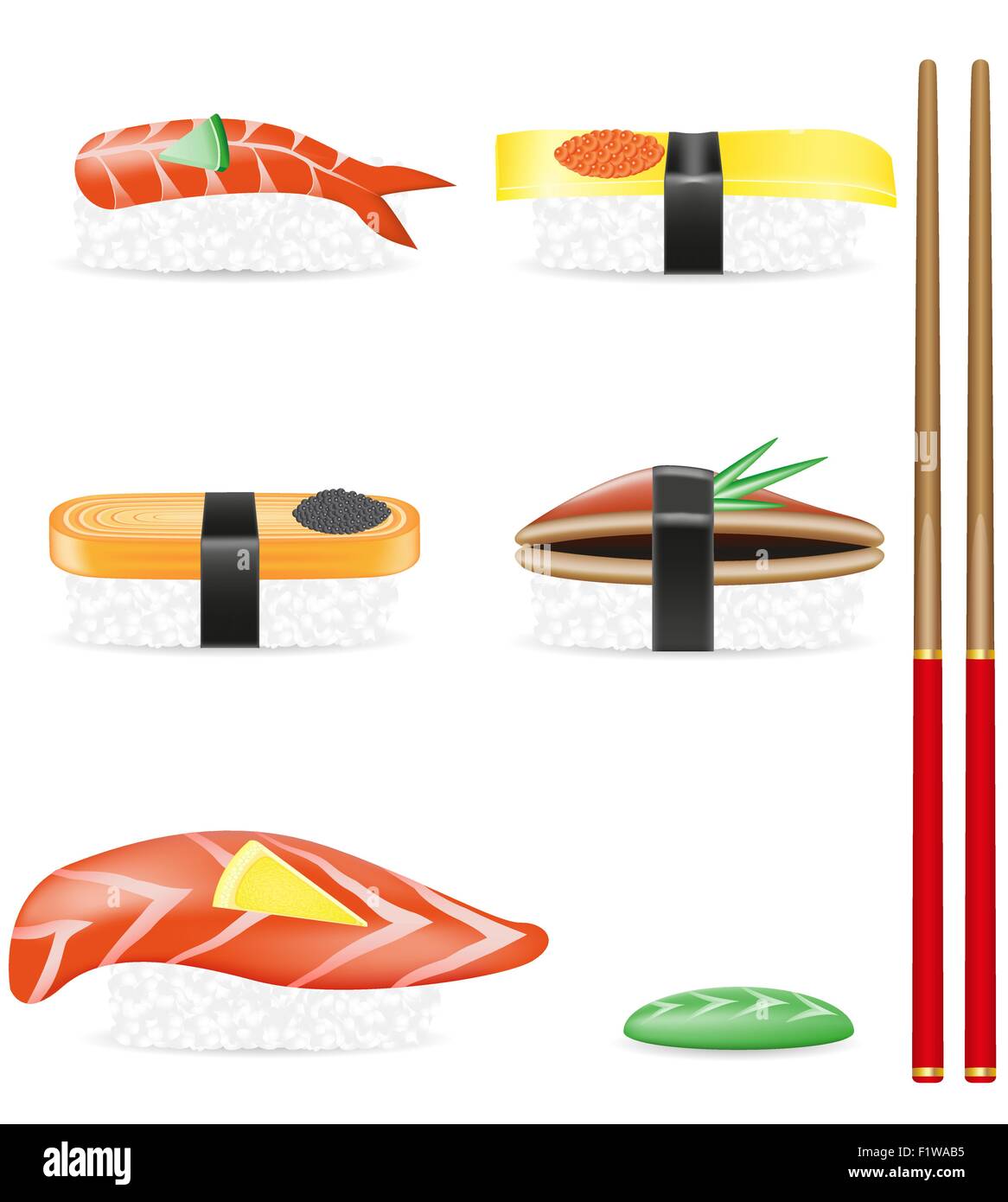 Sushi set di icone illustrazione vettore isolato su sfondo bianco Illustrazione Vettoriale