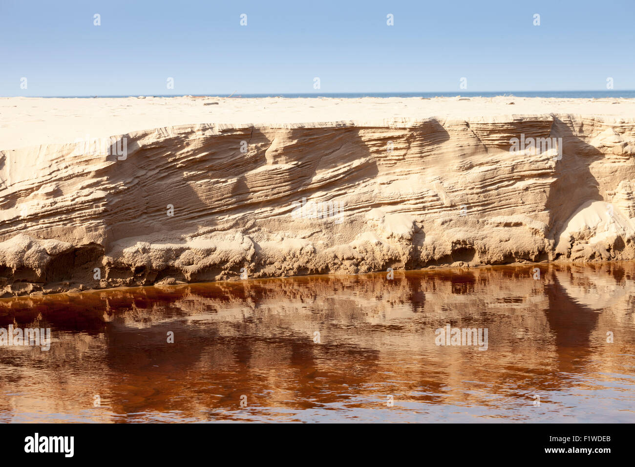 Sabbia erosa riverbank dopo elevati flussi Foto Stock