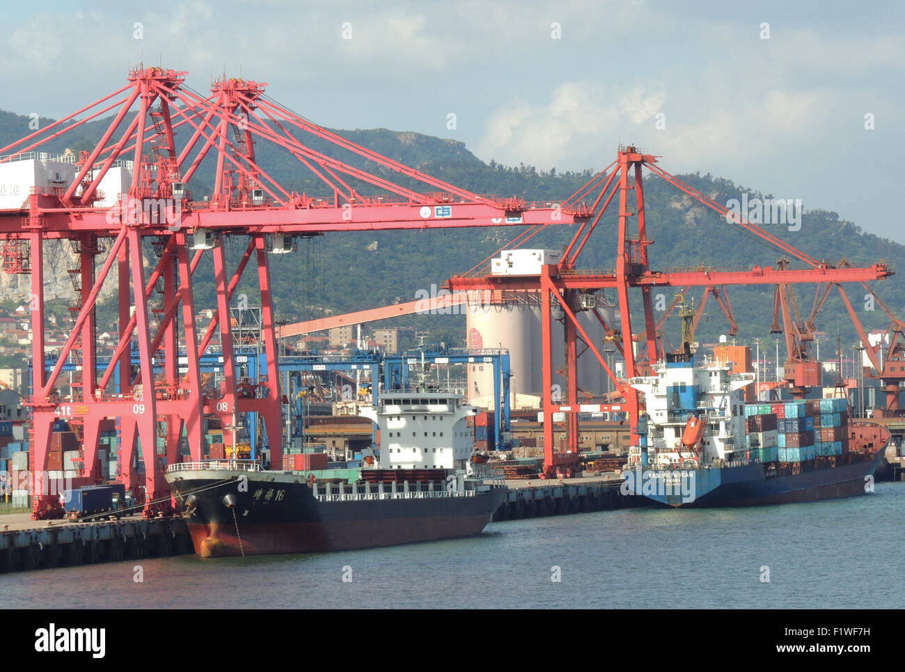 (150908) -- LIANYUNGANG, Sett. 8, 2015 (Xinhua) -- Le navi da carico sono caricati con contenitori in Lianyungang, est cinese della provincia di Jiangsu, Sett. 8, 2015. Nei primi otto mesi del 2015 il commercio estero scivolato 7.7 per cento anno su anno di 15,67 miliardi di yuan, l'amministrazione generale delle dogane (GAC) cifre ha mostrato. Le esportazioni immerso 1.6 percento a 8,95 trilioni di yuan nel gennaio-agosto periodo, mentre le importazioni sono diminuiti 14,6 per cento per 6,72 miliardi di yuan. Nei primi otto mesi del surplus commerciale saltato 80.8 percento a 2,23 miliardi di yuan, secondo il GAC. (Xinhua/Geng Yuhe) (lfj) Foto Stock