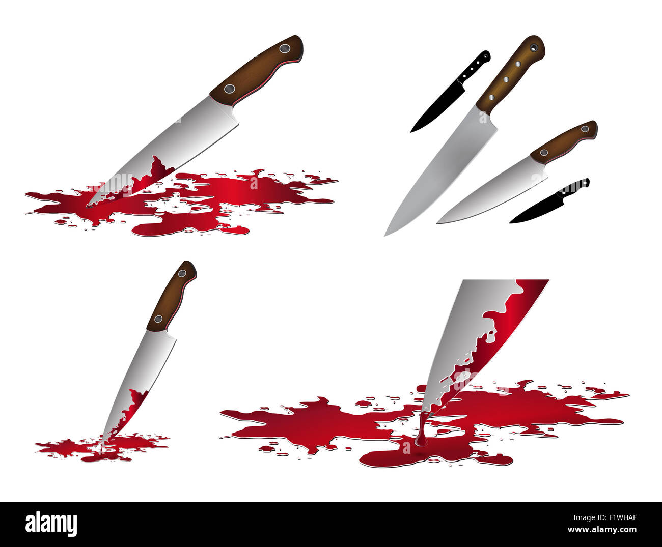 Realistico coltello insanguinato. Coltello con sangue illustrazione vettoriale set. Coltello da cucina set isolato su sfondo bianco. Foto Stock
