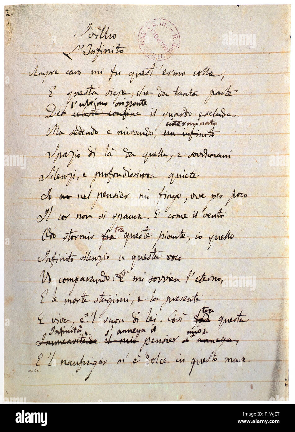 Giacomo Leopardi L'Infinito sec XIX Biblioteca Nazionale di Napoli Foto Stock