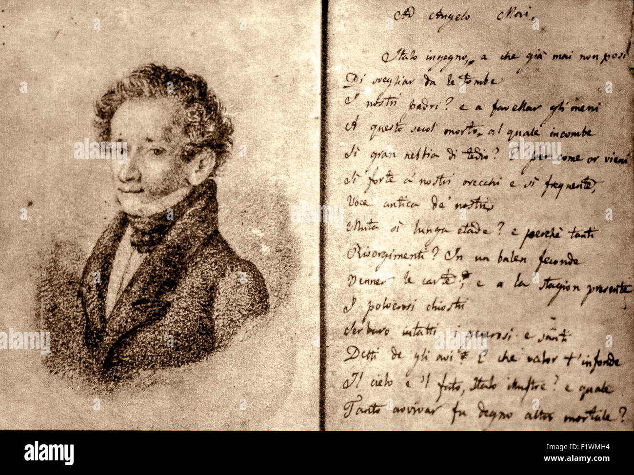 Manoscritto poesia ad Angelo Mai e il ritratto di Giacomo Leopardi Foto Stock