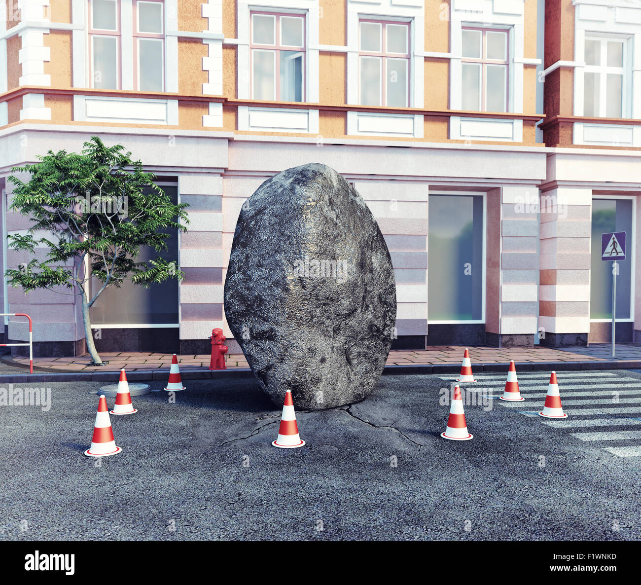 Meteorite caduto su una strada della citta'. 3d concept Foto Stock