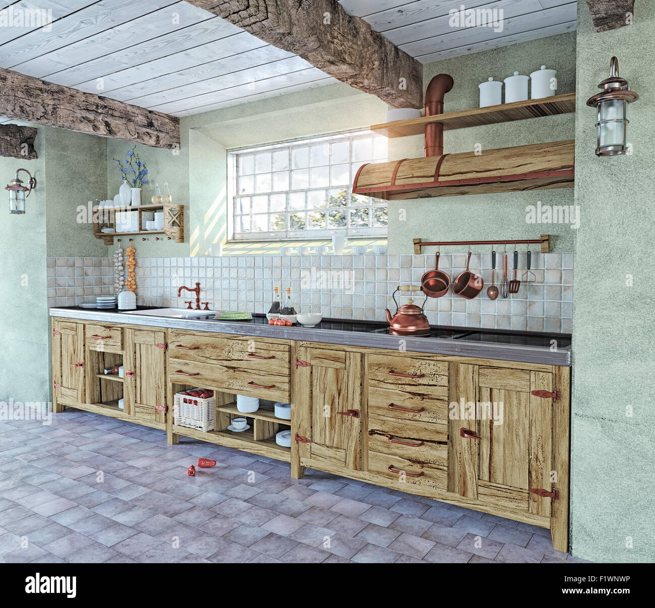 Bella e antica cucina stile interno. 3D concept Foto Stock